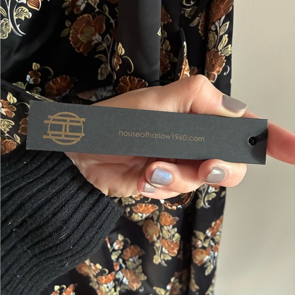 House of Harlow 1960 Black Silk Floral Dress Tie Back Women’s Large Elevated NWT - Picture 6 of 7